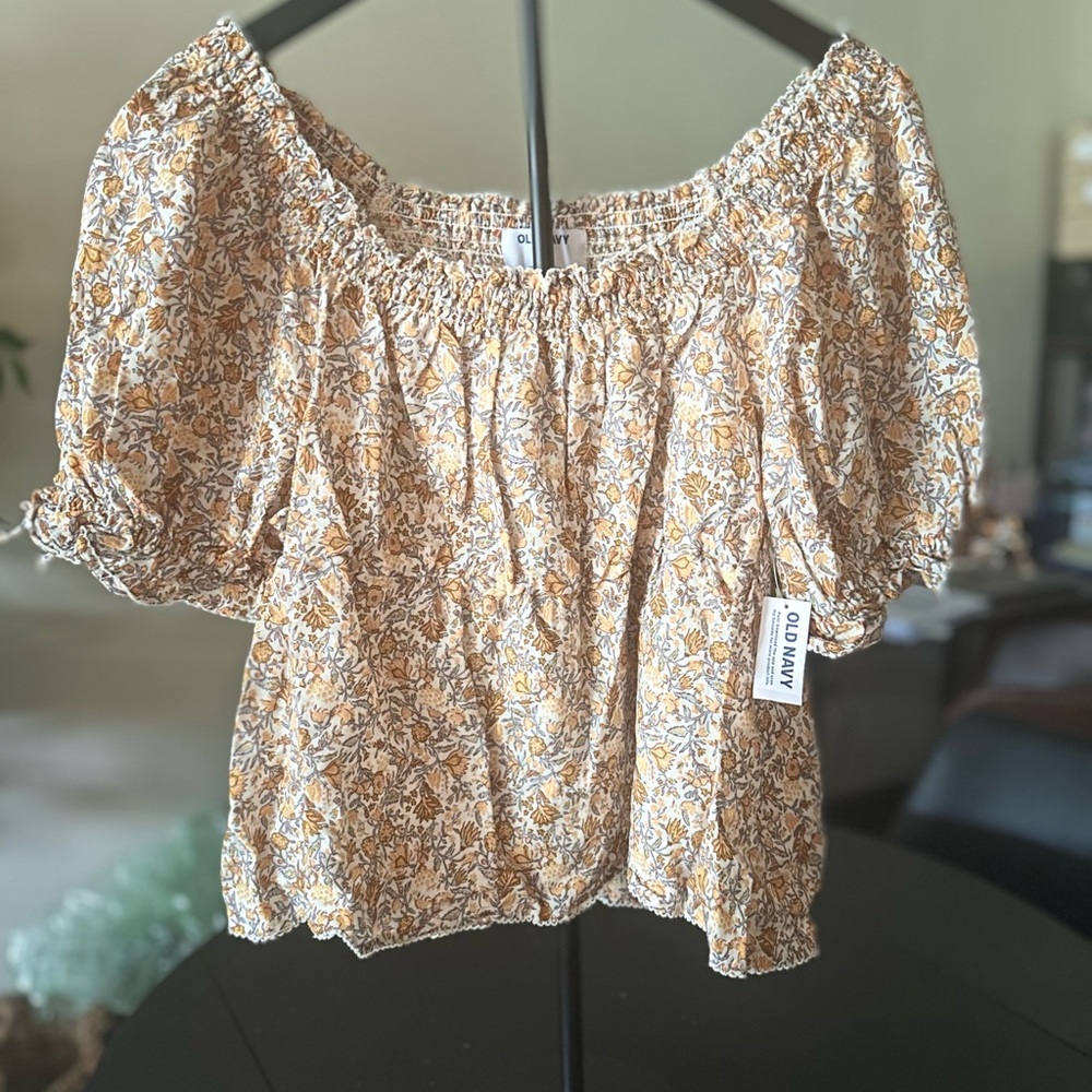 Old Navy Cream and Brown Puff Sleeve Crop Blouse